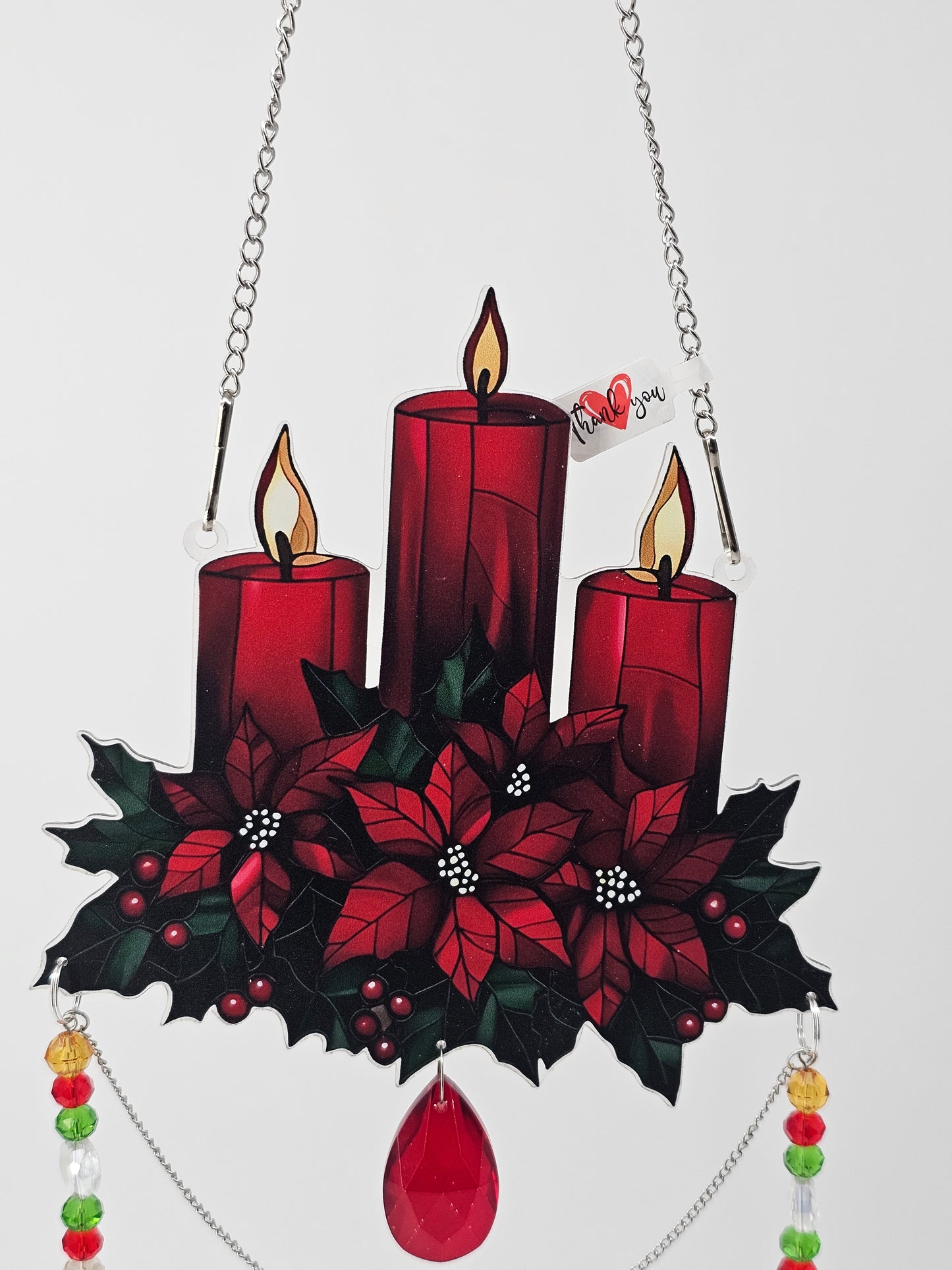 Red Candle & Holly Berry Wreath Suncatcher