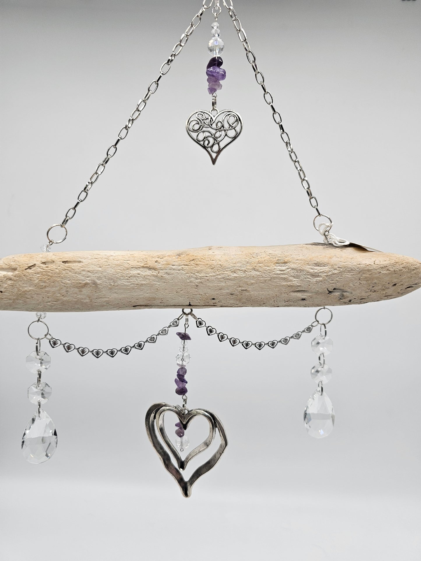 Silver Hearted Driftwood Suncatcher